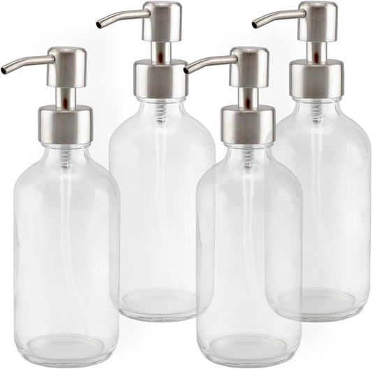Cornucopia Brands 8-Ounce Clear Glass Boston Round Bottles w/Stainless Steel Lotion Pumps (4-Pack); Empty Refillable Liquid Soap & Lotion Bottles