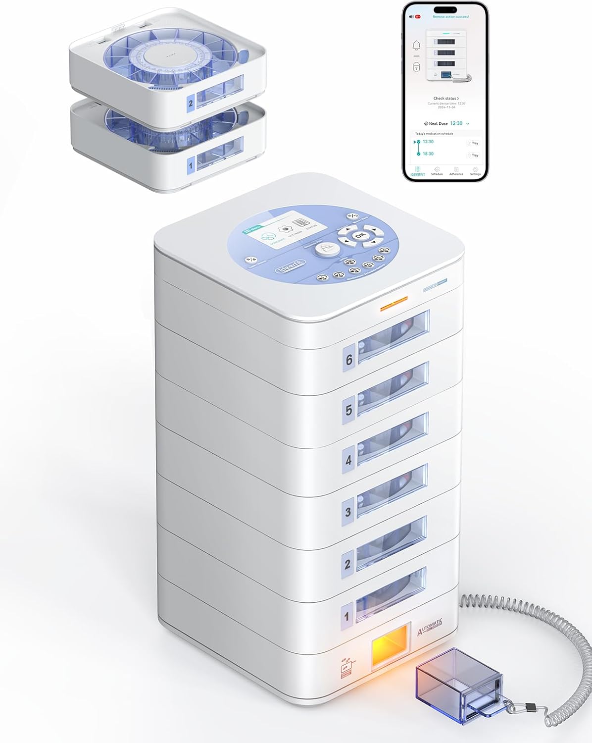 84-Day Automatic Pill Dispenser – App & On-Device Setup by Family, LCD Display, Digital Lock, Sound & Light Alerts – Safe Medication Organizer Management for Seniors (6-Tray, White)