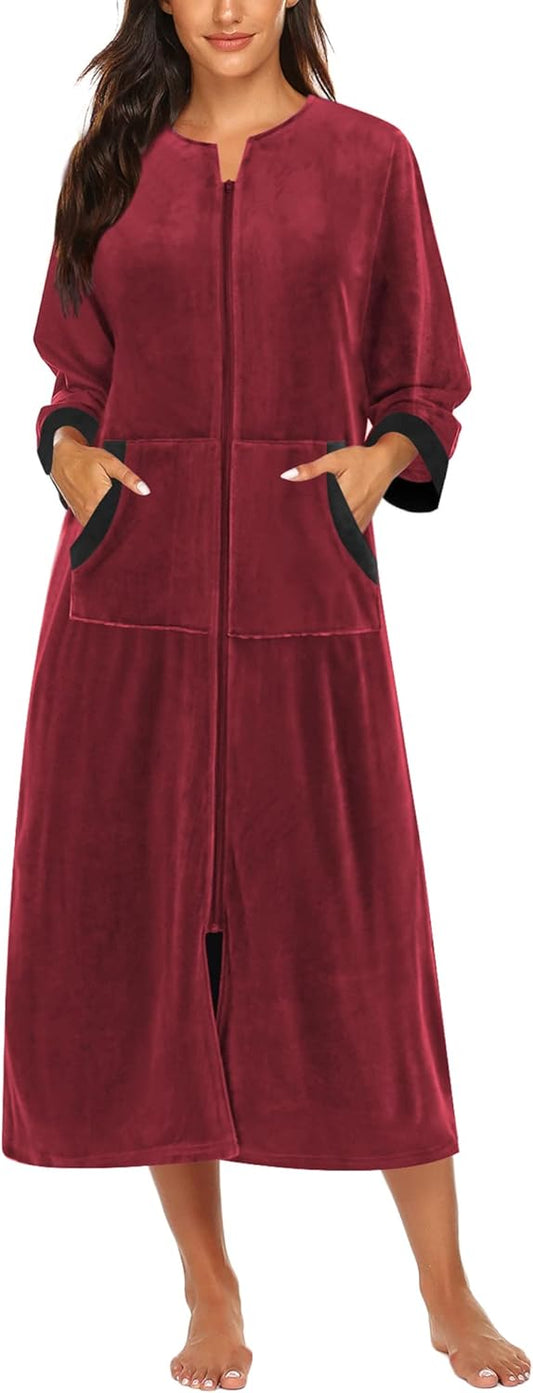 Ekouaer Women Zipper Robe 3/4 Sleeves Loungewear Dress Full Length Sleepwear Pockets Housecoat Nightgown Long Bathrobe