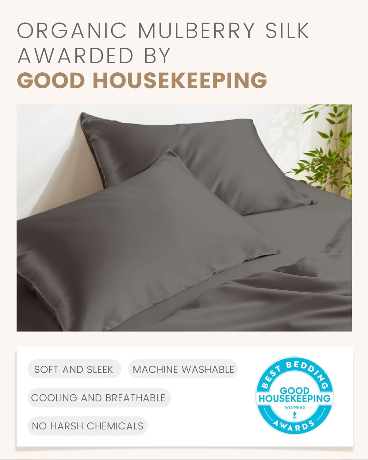 THXSILK 100% Mulberry Silk Pillowcase for Hair and Skin, Both Sides Pure Natural Silk Pillowcase, Soft Breathable Zipper Pillow Case, California King Size 20"x40", Dark Grey