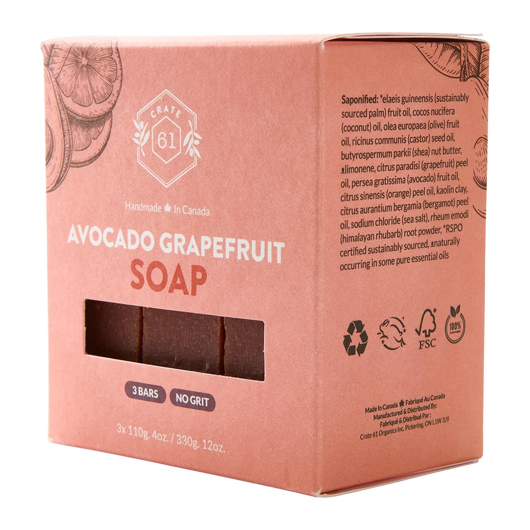 Crate 61 Organics, Handmade in Canada, Plant Based Cold Process Natural Bar Soap For Face And Body, With Premium Essential Oils, For Men And Women 3 Pack (Avocado Grapefruit)