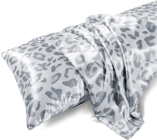 MR&HM Satin Body Pillow Cover, Soft and Breathable Body Pillow Case with Envelope Closure, Cooling and Silky Long Pillowcase for Hair and Skin,Grey (20x54, Silver Leopard)