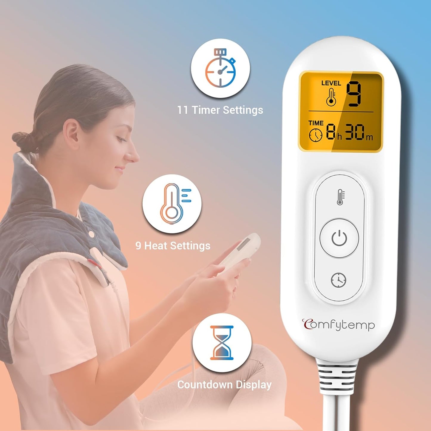 Comfytemp Heating Pad for Neck and Shoulders and Back, Weighted Electric Heat Pad for Pain Relief, 2.6lb Large Heated Wrap, 9 Heat Levels, 11 Auto-Off, Gifts for Women Men, Dark Blue