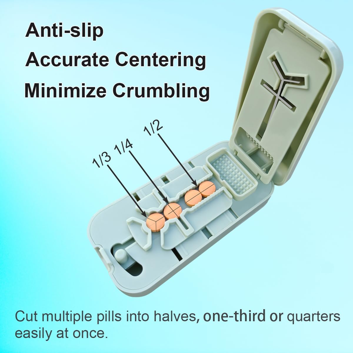 Pill Cutter for Cutting Multiple Pills, Pill Cutter for Large, Small and Tiny Pills 1/2 1/3 1/4, with Centering Device, Crusher, Brush and Storage Box