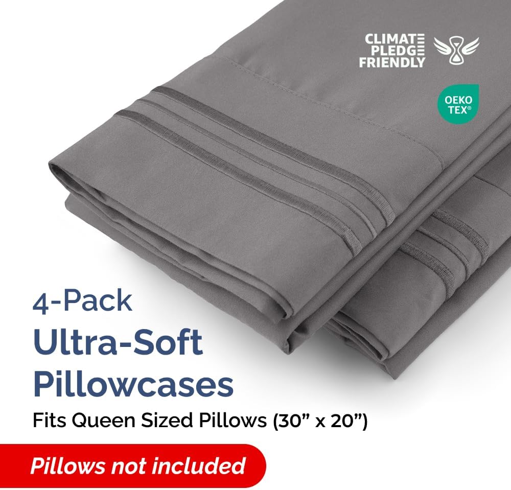 Queen Pillow Cases Set of 4 - Ultra Soft Hotel Quality Pillowcase Covers - Comfy, Cozy & Wrinkle Free - Shrinkage, Stain & Fade Resistant - Machine Washable Pillow Protectors - 4 Piece Set - Dark Grey