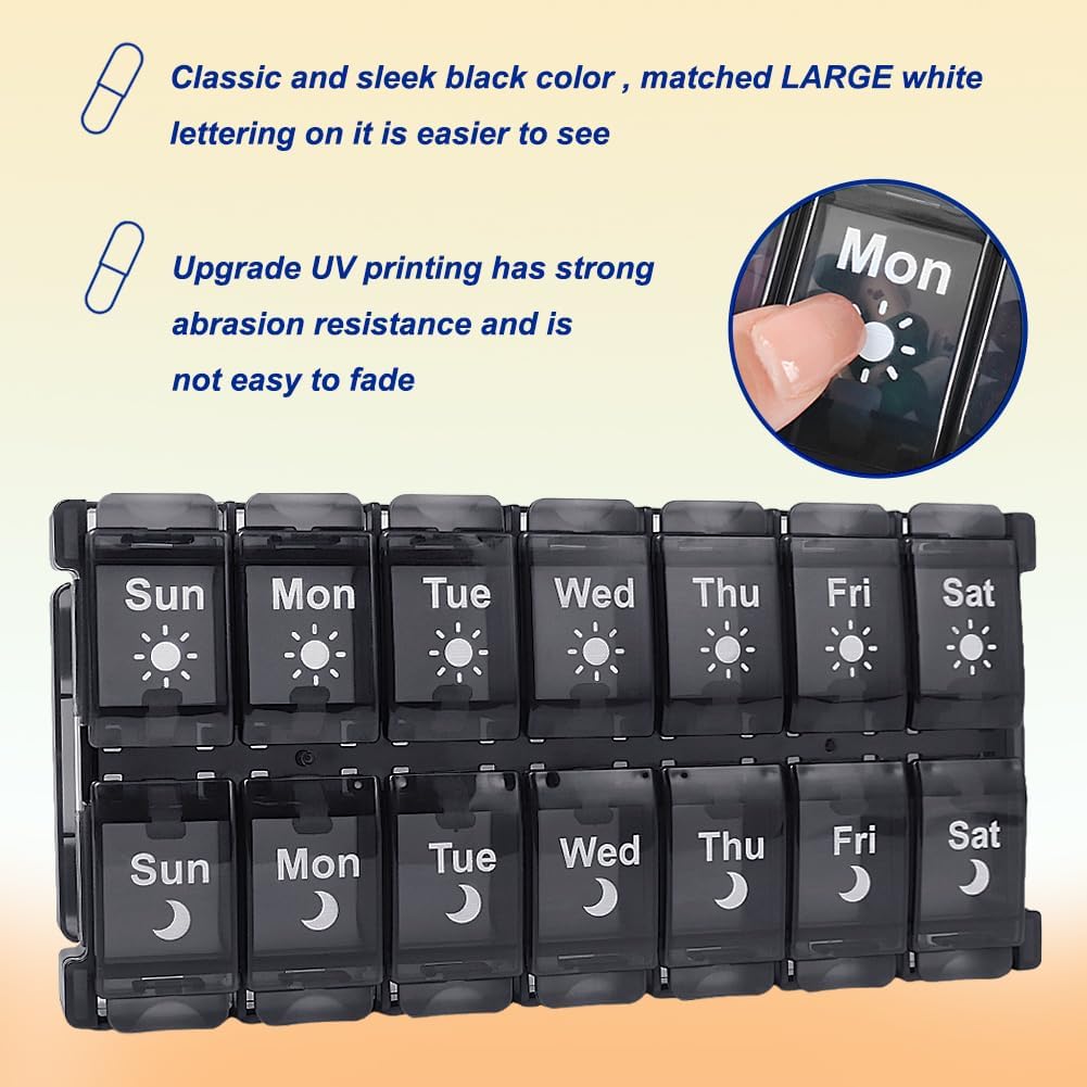 HRX Package Weekly Pill Organizer 2 Times a Day, Easy Fill & Open AM/PM Medicine Box 7 Day Vitamin Cases Day and Night