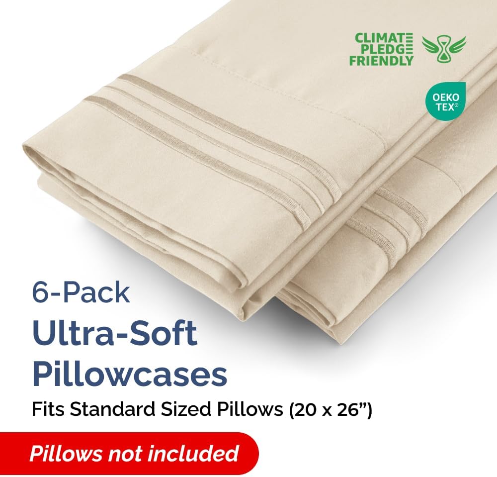 Standard Pillow Cases Set of 6 - Ultra Soft Hotel Quality Pillowcase Covers - Comfy, Cozy & Wrinkle Free - Shrink, Stain and Fade Resistant - Machine Washable Pillow Protectors - 6 Piece Set - Wheat