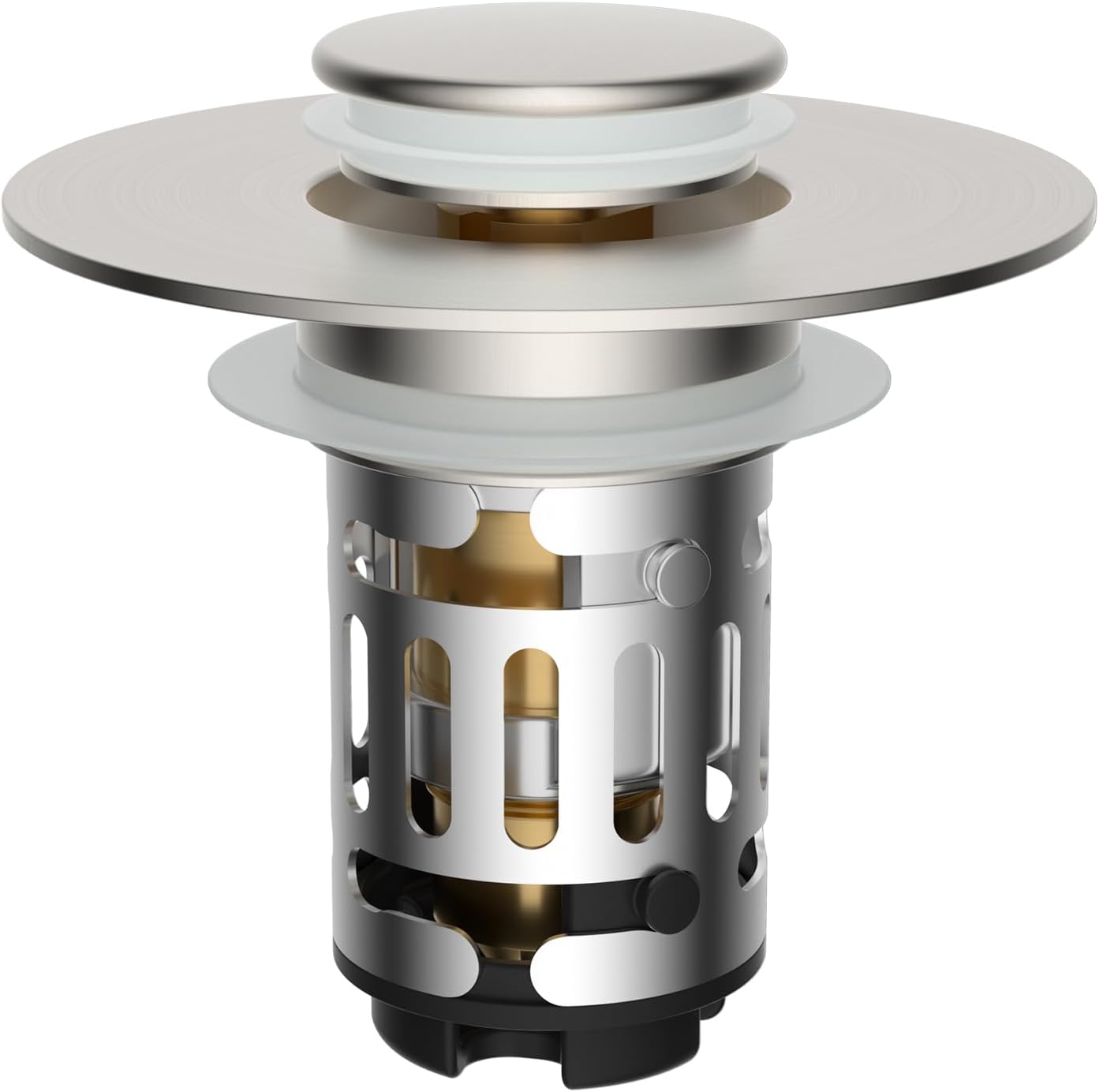 Hibbent Upgraded 3 in 1 Bathroom Sink Drain Strainer, Universal Pop Up Stopper with Removable Stainless Steel Filter Basket Hair Catcher, Sink Plug for 1.1''~2.36'' Basin, Brass Core, Brushed Nickel