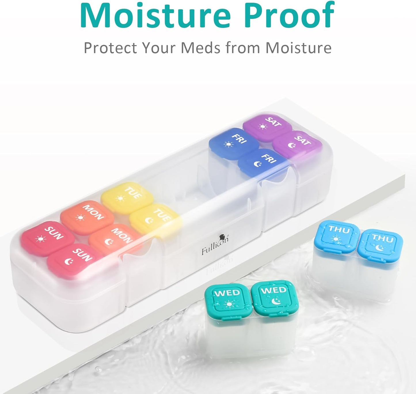 Fullicon Moisture-Proof Pill Organizer 2 Times a Day, Weekly Pill Boxes & Organiser with Silicone Lids, Large Capacity AM PM Pill Organizer 7 Day, Travel Pill Case for Vitamins (Clear Rainbow)