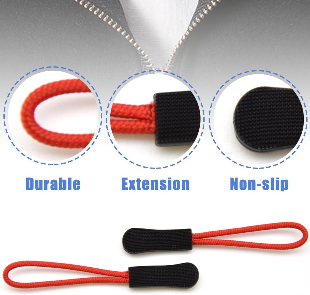 Ruidee 50 Pieces Zipper Pulls Zipper Tabs Zipper Pull Cord Extender Replacement Zipper Pulls for Backpacks, Jackets, Luggage, Purses, Handbags（Red Black）