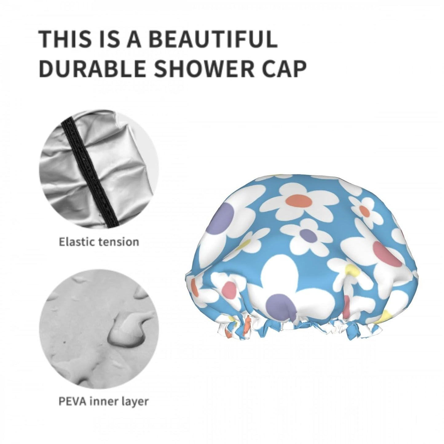 Blue Floral Nature Double Layer Waterproof Shower Cap for Women Reusable Bath Cap for All Long Hair Lengths Soft Bath Shower Hat