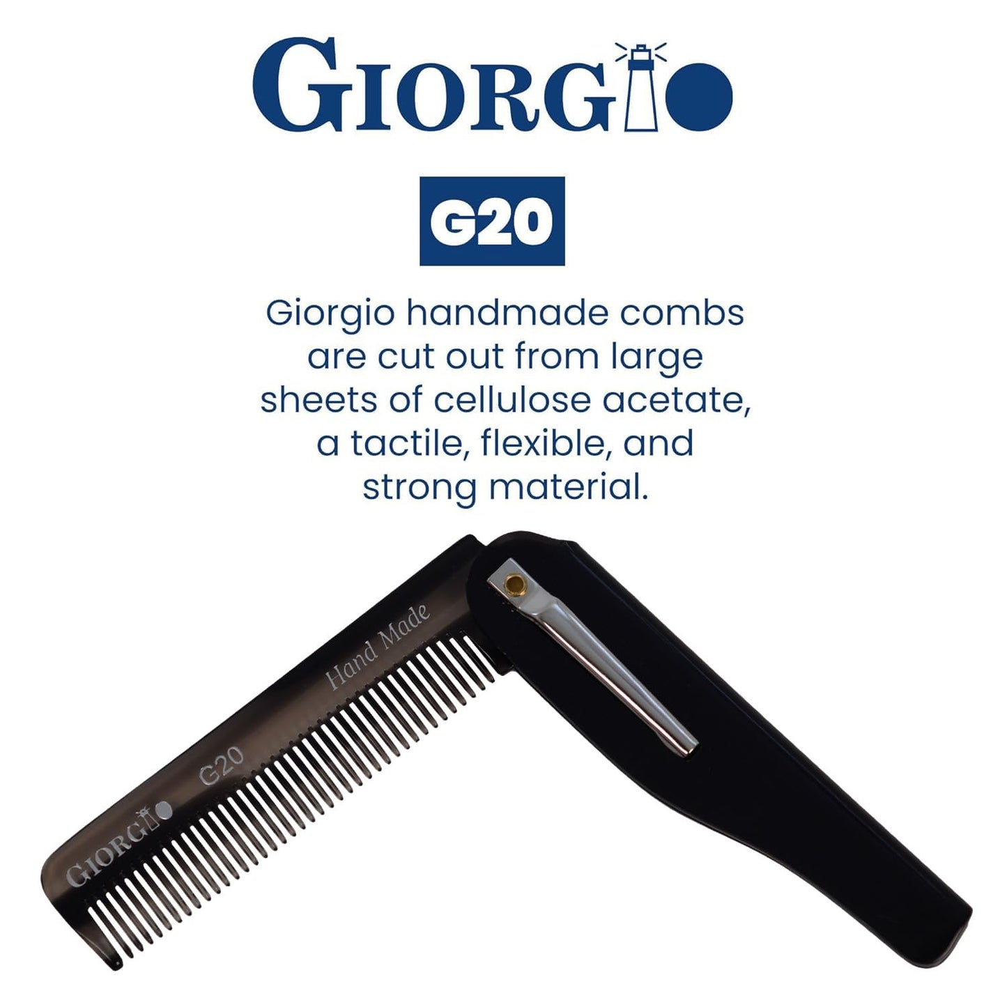 Giorgio G20 Fine Tooth Folding Mustache and Beard Comb - Small Pocket Comb for Everyday Hair Care and Styling - Sawcut and Hand Polished (Black Graphite)
