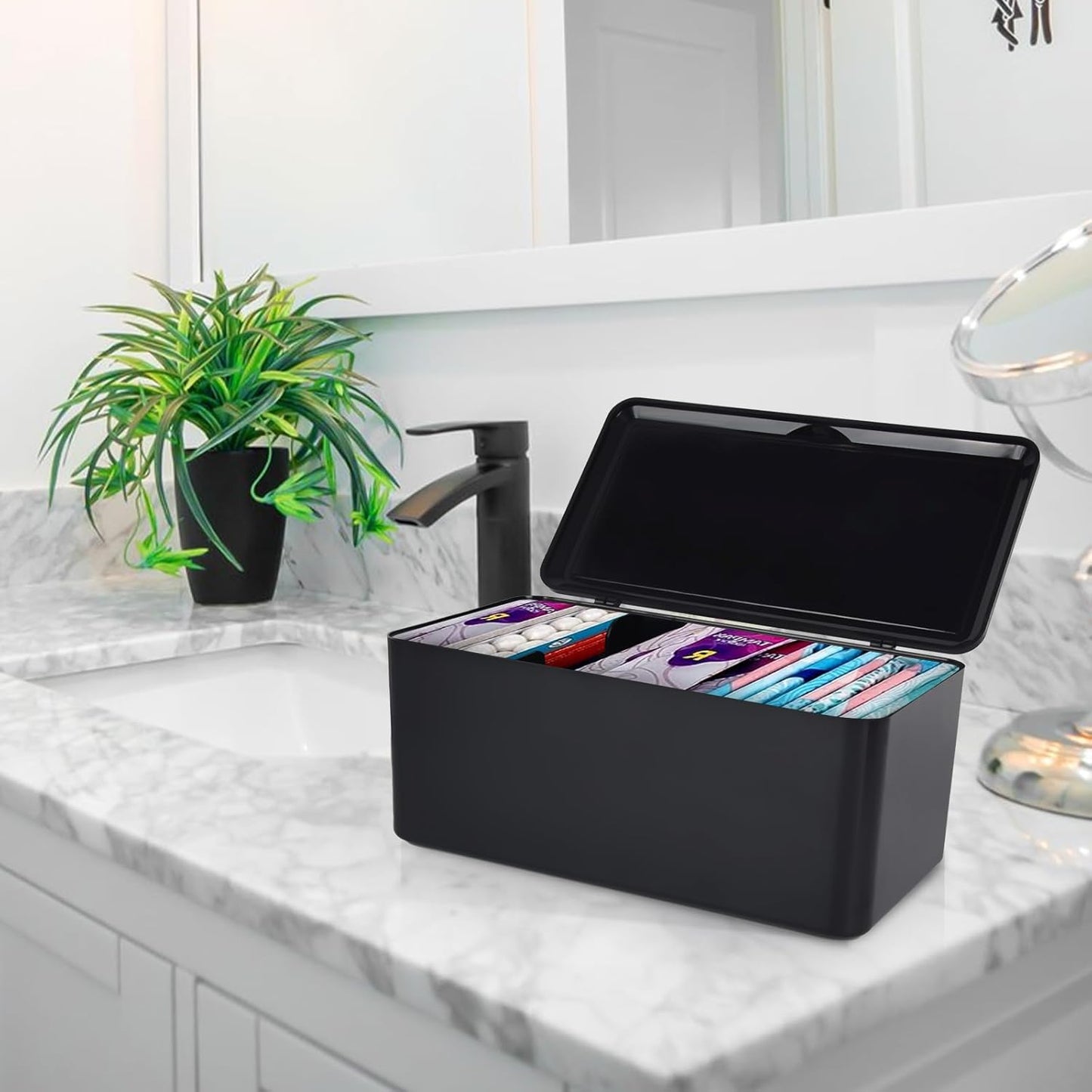 Pad and Tampon Organizer for Bathroom,Sanitary Napkin Holder, Pad and Tampon Organizer for Period, Sanitary Napkin Storage Container, Black