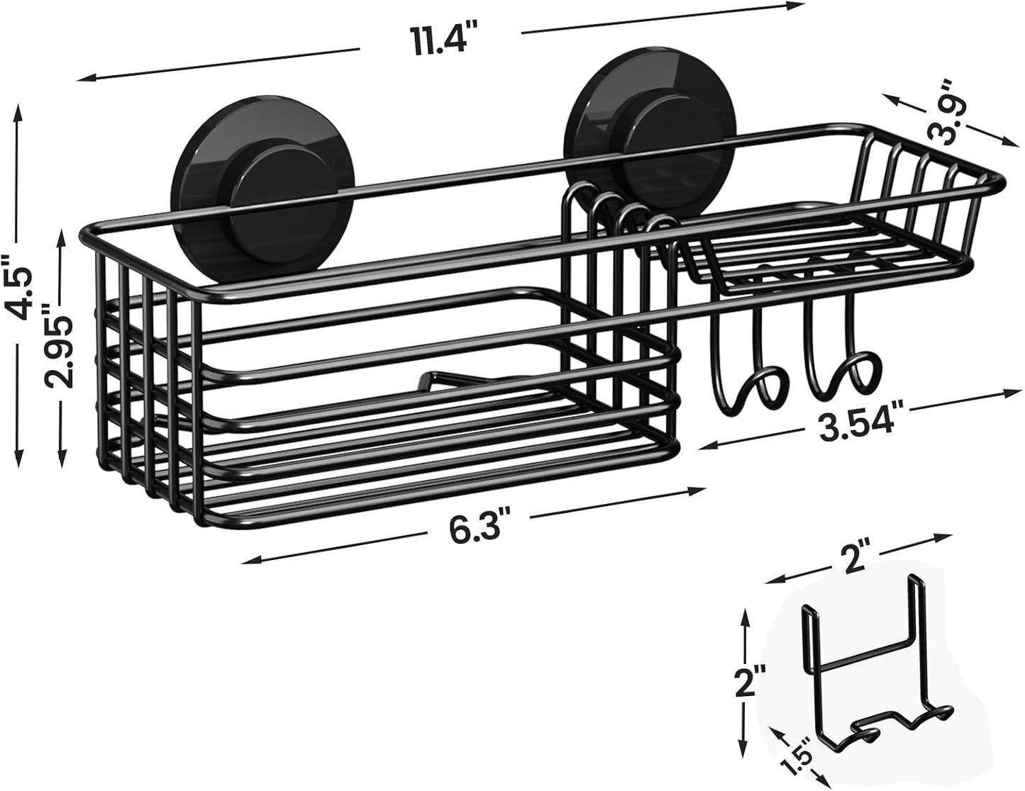 LEVERLOC Shower Caddy Suction Cup, Suction Caddy with Hooks and Soap Holder for Bathroom, No-Drilling Bathroom Shower Organizer, Black