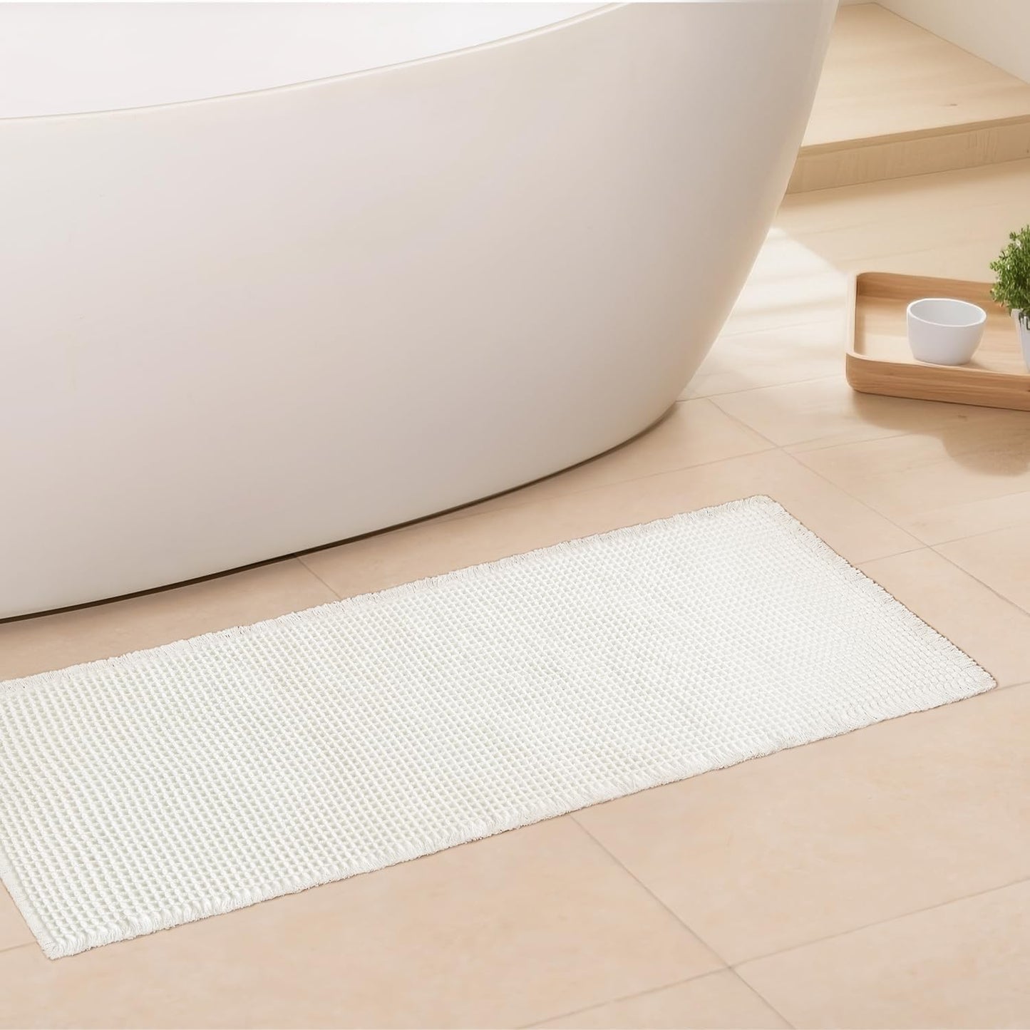 White Bathroom Rugs, Waffle Bath Mat Non Slip Washable, Super Absorbent & Quick Dry, Boho Bath Mat Farmhouse Bathroom Decor, 24'' x 48'', White