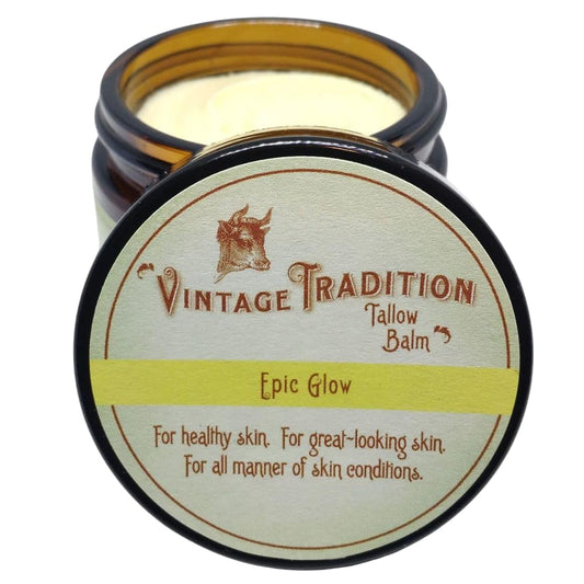 Vintage Tradition Epic Glow Beef Tallow Balm – Glow Boosting Moisturizer with Lavender Oil, Myrrh Oil, Manuka Face Oil, and Fish Oils – Beef Tallow for Skin Care from Head to Toe, 2 fl. oz.