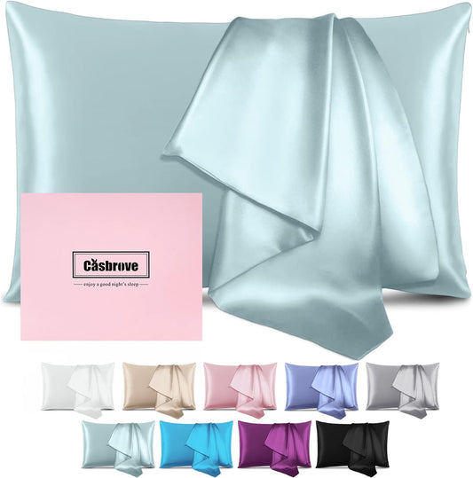 Silk Pillowcase for Hair and Skin - Mulberry Silk, Soft Breathable Smooth Both Sided With Zipper, Beauty Sleep Pillow Case for Gift (King, Haze Blue)
