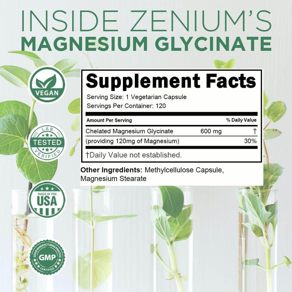 Zenium - Magnesium Glycinate 600 mg per Serving, 120 Capsules | Relieve Stress, Tension, Worry, Nervousness, & Irritability | Calm The Mind & Body | Ayurvedic | Natural Relief Supplement
