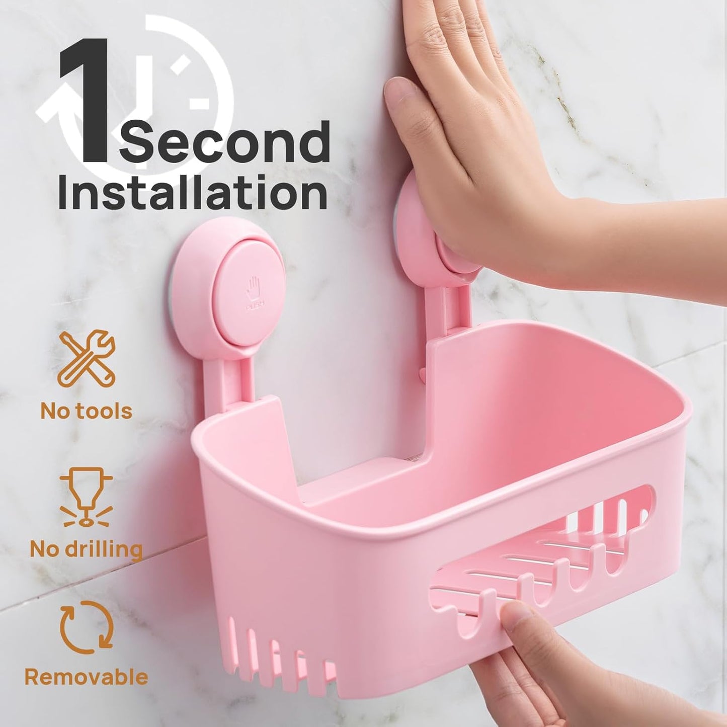 LEVERLOC Shower Caddy Suction Cup, Shower Organizer Removable Bathroom Shelf, Storage Suction Powerful Max Hold 22lbs Bathroom Caddy Waterproof Holder, Pink