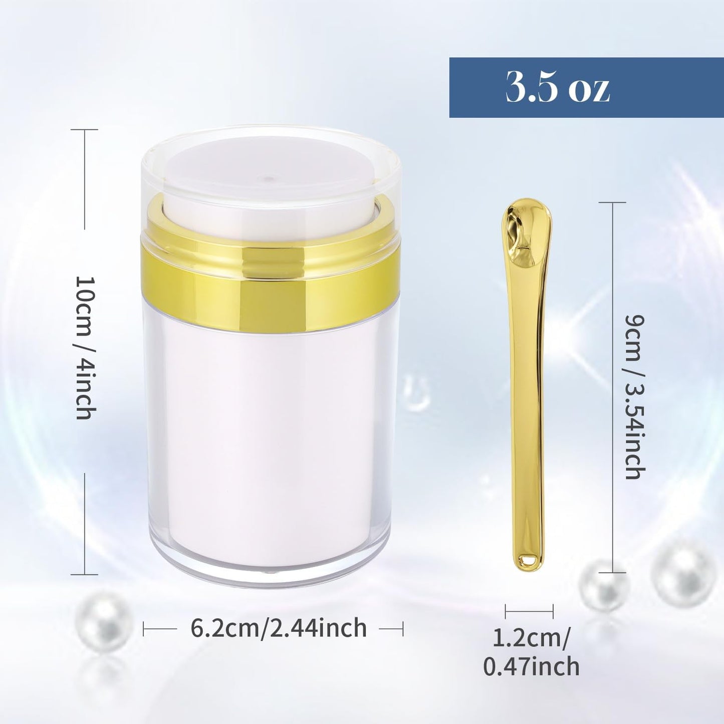 2Pack Airless Pump Jars with Cosmetic Spatula, 3.5 oz Empty Refillable Cosmetic Air Pump Jars Bottles Airless Lotion Cream Dispenser Portable Travel Makeup Containers (Gold)