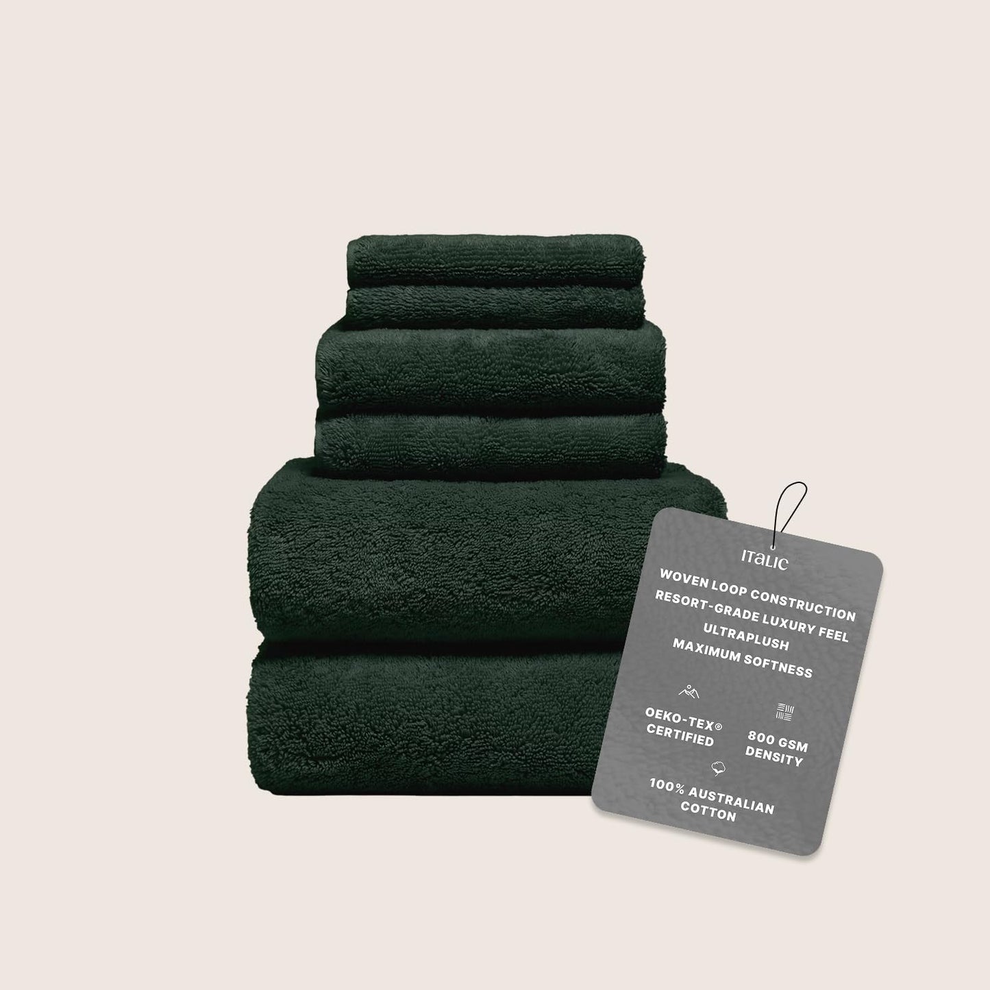 Italic Ultraplush 100% Australian Cotton Towels Standard 6 Piece Set, 2 Bath, 2 Hand, 2 Washcloths, 800GSM Lightweight, Highly Absorbent Quick Dry Soft Resort Grade Towels (Deep Forest)