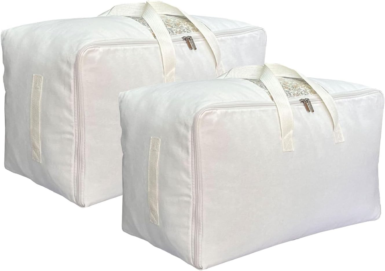 Soft Large Canvas Comforter Storage Bags with Four Carrying Handles and Clear Window, Closet Organizer for Clothing, Blankets Sheets Pillows and Bedding, 80L, 2 Pack, White