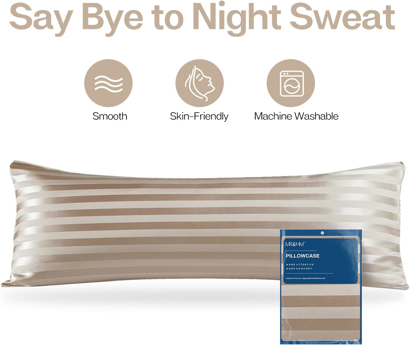 MR&HM Satin Body Pillow Cover, Soft and Breathable Body Pillow Case with Envelope Closure, Cooling and Silky Long Pillowcase for Hair and Skin,Grey (20x54, Champagne Striped)