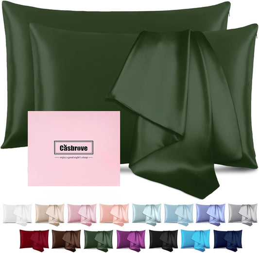 Silk Pillow Cases 2 Pack Mulberry Silk Pillow Cases Soft Breathable Both Sided Natural Silk Pillowcase with Zipper Beauty Sleep Silk Pillow Cases for Gift(Queen,Green)
