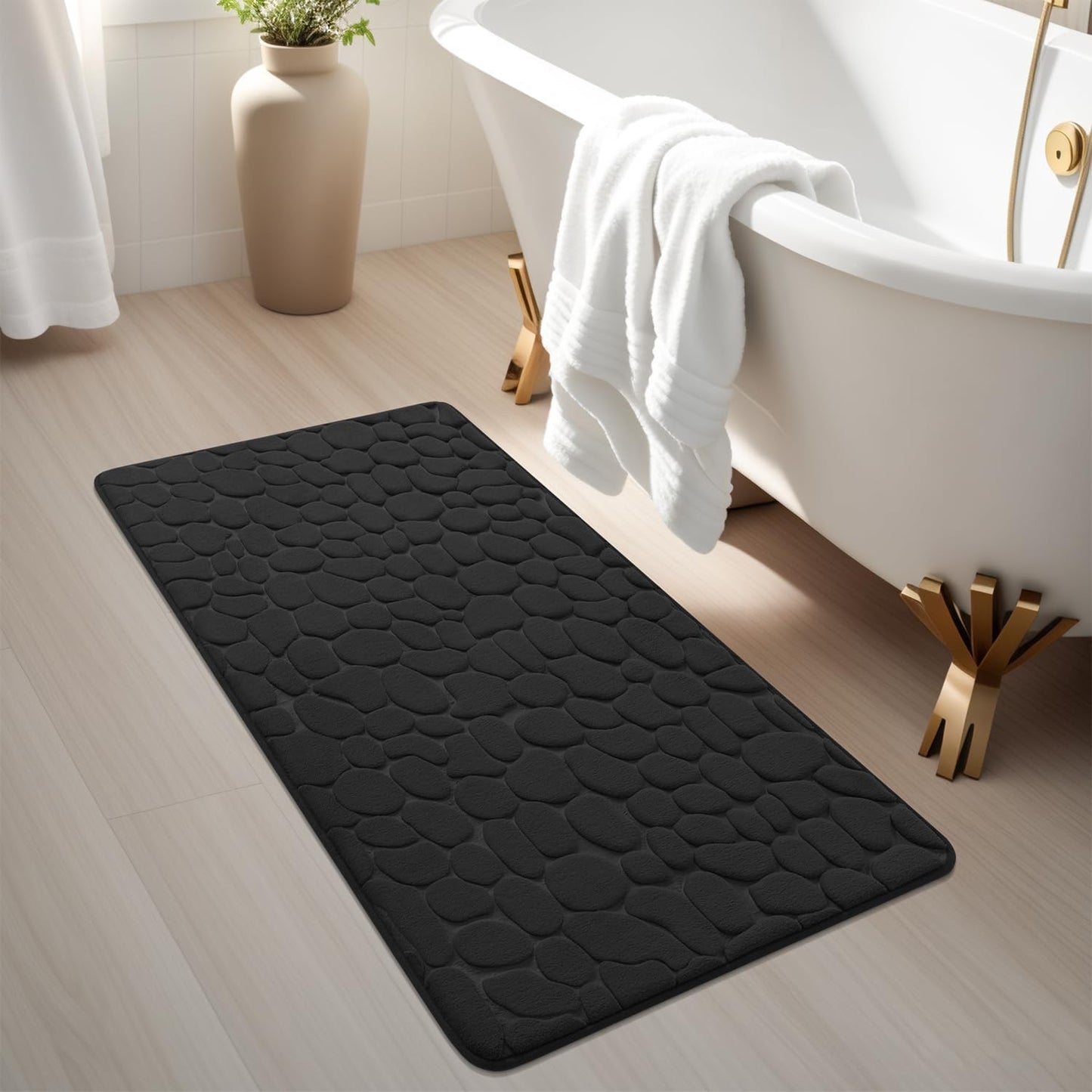 YIHOUSE Memory Foam Runner Rug, Cobblestone Bathroom Runner Rugs Super Water Absorbent Bath Mats for Bathroom Machine Washable Bath Rugs Runner for Hallway Bedroom Laundry Room(24 x 47,Black)