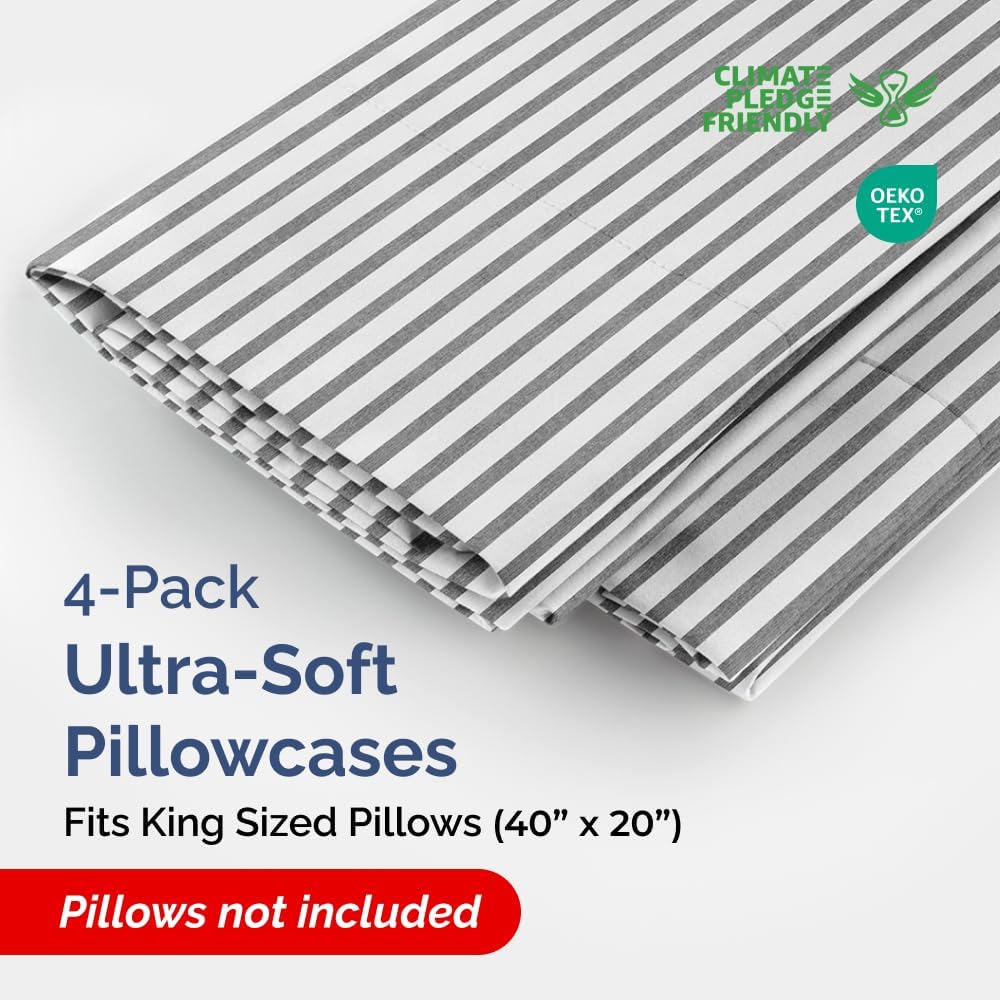 King Pillow Cases Set of 4 - Ultra Soft Hotel Quality Pillowcase Covers - Comfy, Cozy & Wrinkle Free - Shrinkage and Fade Resistant - Machine Washable Pillow Protectors - 4 Piece Set - Grey Stripes 2