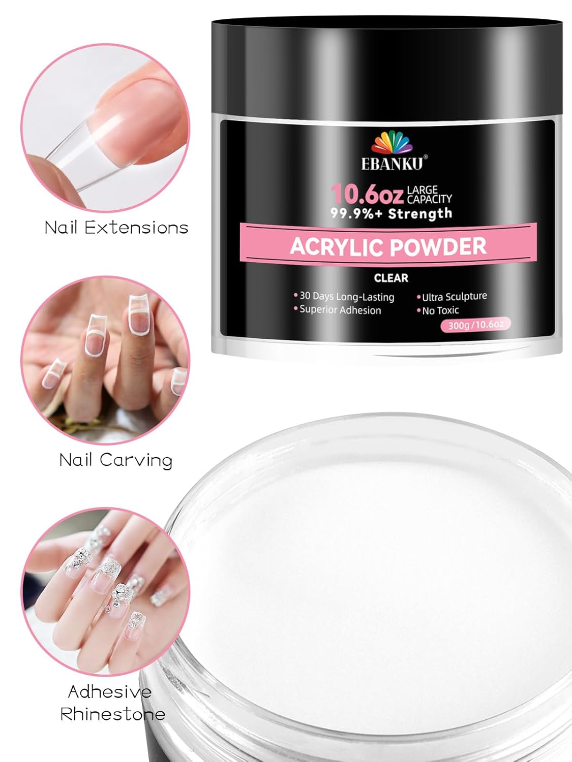 EBANKU 10.6oz Clear Acrylic Powder, Crystal Transparent Acrylic Nail Powder for Nail Extenstion, Nail Carving, Long-Lasting, No Lamp Needed, Professional Nail Powder for French Manicure