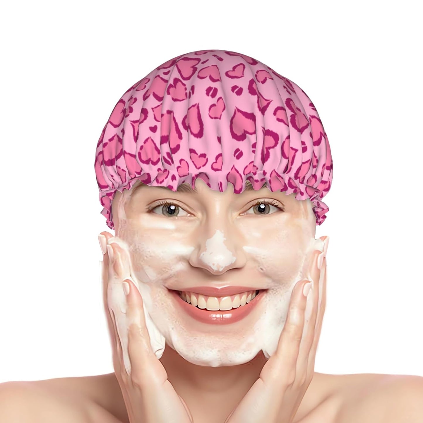 Hot Pink Shower Caps Heart Leopard Print Dual-Layer Waterproof Bath Hat Reusable Hair Caps Elastic Hair Hat for Shower Cooking Clean Makeup Travel