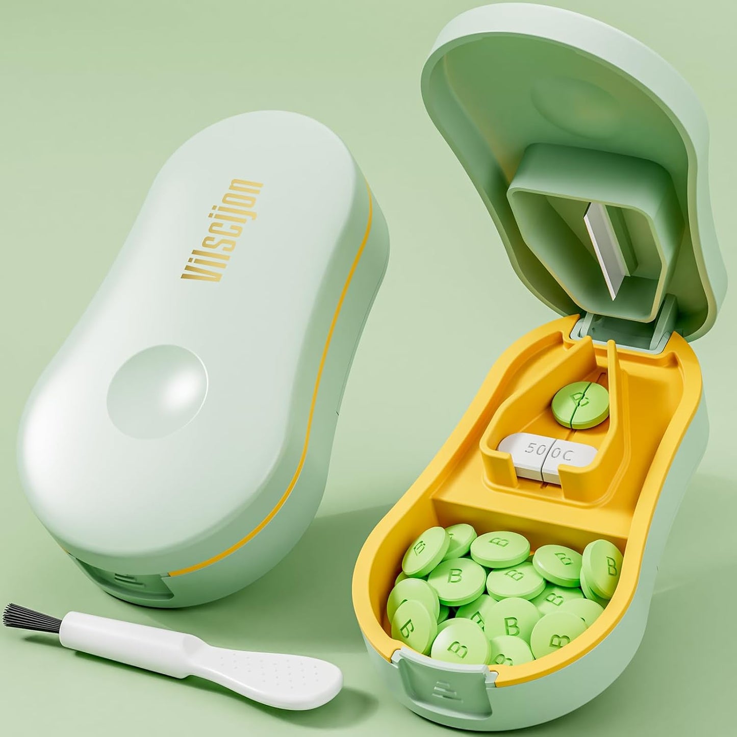 Pill Cutter for Small and Tiny Pills - Pill Splitter with Detachable Silicone Pad - Easy Open Snap Button. Wrap-Around Blade Guard Prevents Cuts. Back Storage (Green+Blue)