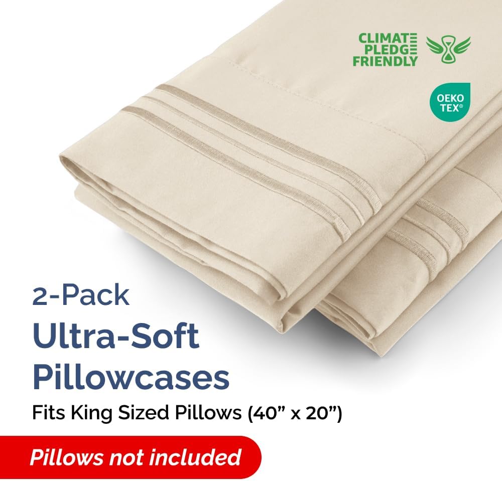 King Pillow Cases Set of 2 - Ultra Soft Hotel Quality Pillowcase Covers - Comfy, Cozy & Wrinkle Free - Shrinkage, Stain and Fade Resistant - Machine Washable Pillow Protectors - 2 Piece Set - Wheat