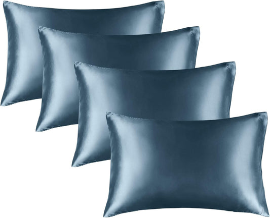 BEDELITE Satin Pillowcase for Hair and Skin, Super Soft Similar to Silk Pillow Cases 4 Pack with Envelope Closure, Cooling Pillowcases for Women Men (20"x36" King Size, Bluesteel)