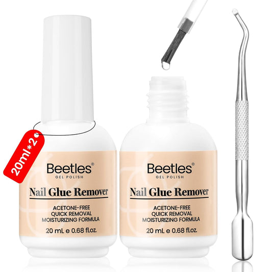 Beetles 2 Pcs Nail Glue Remover 20 ml for Press on Nails, False Nails Glue Remover for Fake Nail Tips Acrylics Nails Adhesive Remover Includes Cuticle Pusher, Not for Uv Gel Glue or Gel Polish