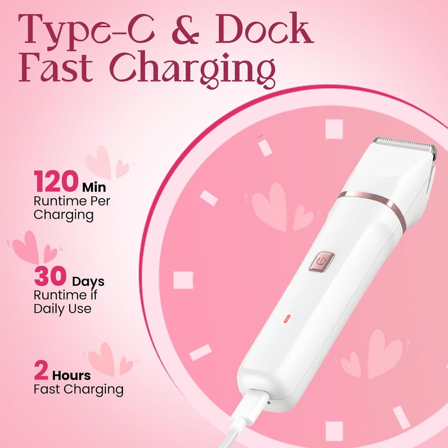 Pubic Hair Trimmer Women - 2-in-1 Electric Bikini Shaver & Facial Hair Remover, Waterproof Body Groomer with Ceramic Blades, USB-C Fast Charging Dock, Cordless Razor for Women's Sensitive Skin (White)