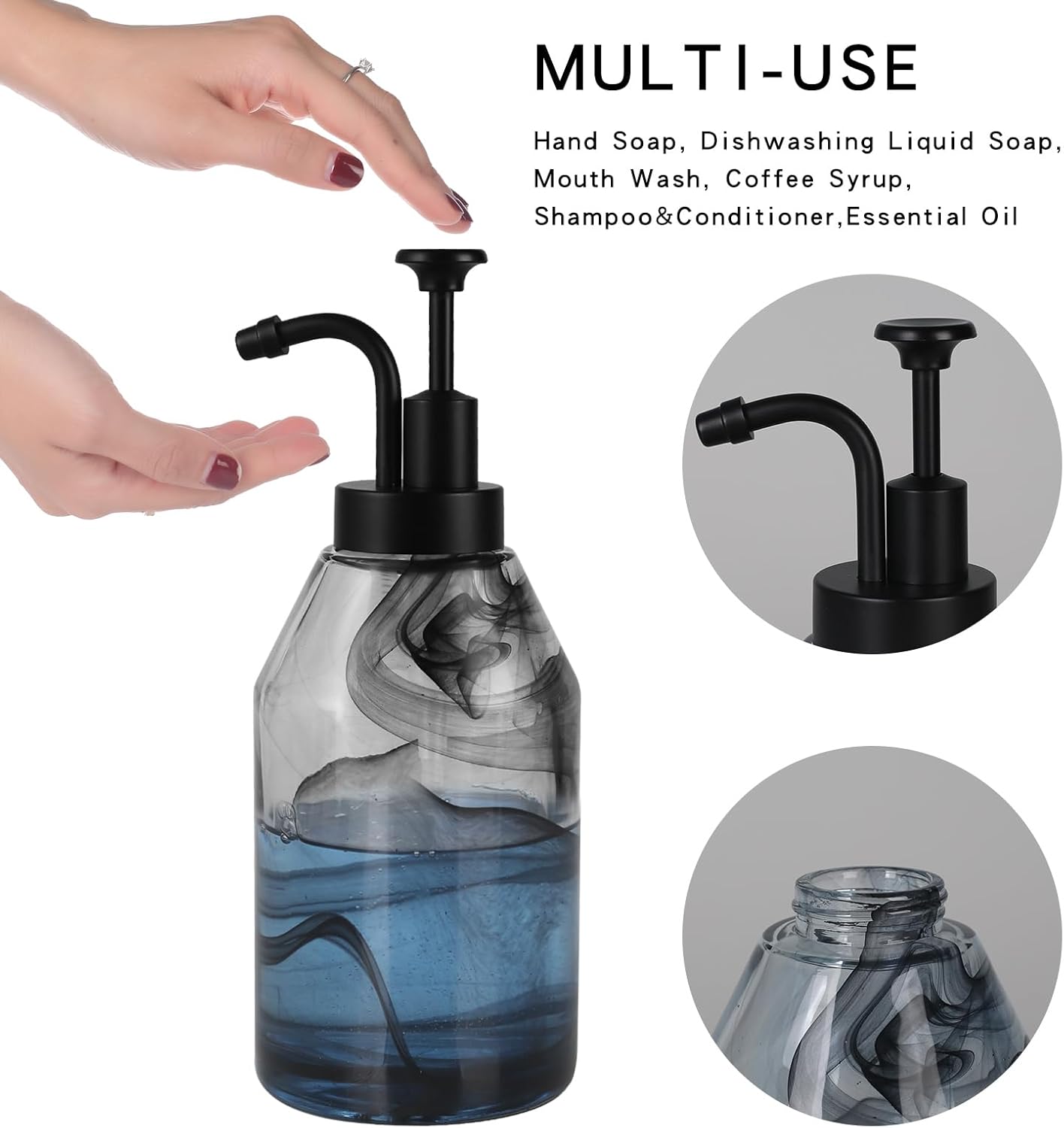 Bathroom Glass Soap Dispenser Set, 2 Pack 12.5 Oz Unique 3D Black Smog Thick Glass Hand Soap Bottle with Smooth Action Rust-Free ABS Pump, Kitchen Dish Soap Dispenser (Black)
