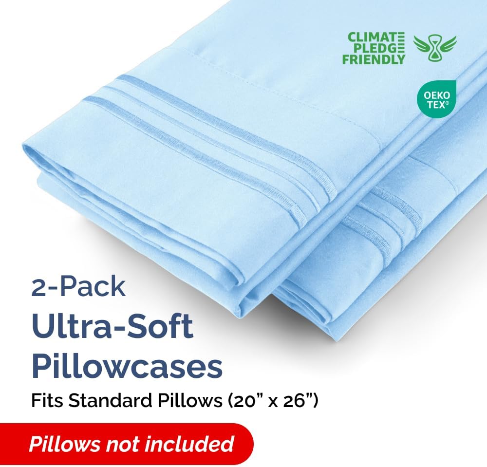 Standard Pillow Cases Set of 2 - Soft Hotel Quality Pillowcase Covers - Comfy & Wrinkle Free - Stain and Fade Resistant - Machine Washable Pillow Protectors - 2 Piece Set - Standard Size Light Blue