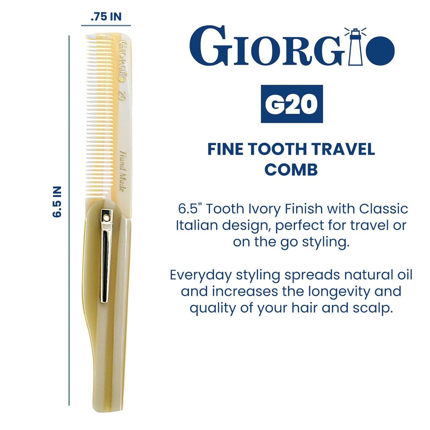 Giorgio G20 Fine Tooth Folding Mustache and Beard Comb 6.5 Inches - Small Pocket Comb for Everyday Hair Care and Styling - Sawcut and Hand Polished (Ivory)