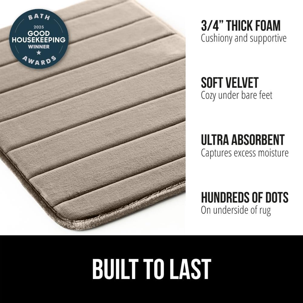 GORILLA GRIP Memory Foam Bath Mat, Soft Absorbent US Designed Bathroom Rug, Gripping Dots Machine Washable Bathmat, Cushioned Floor Mats, Shower Sink Rugs Room Décor Accessories, 24x17 Taupe