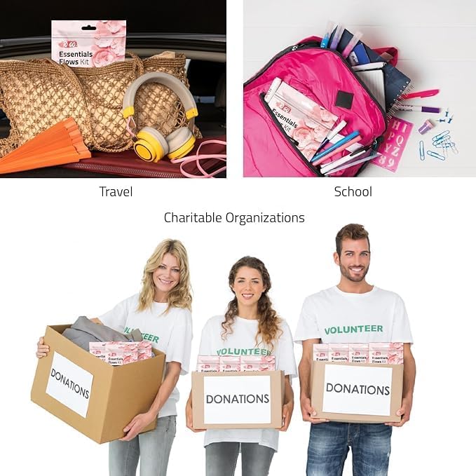 Essential Flow Kit – Case of 60 Individually Packed Period Kits for Schools, Students & Emergency Needs | Includes 3 Pantiliners, 2 Maxi Pads & 1 Feminine Wipe in a Discreet Zip Bag (Orange)