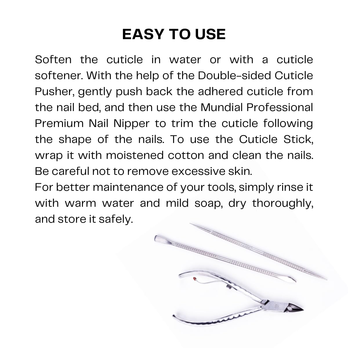 Mundial Nail Care 3 Piece Set - Professional Stainless Steel Cuticle Nippers with Double Nail Spatula and Pusher, Manicure, and Pedicure Trimmer Kit