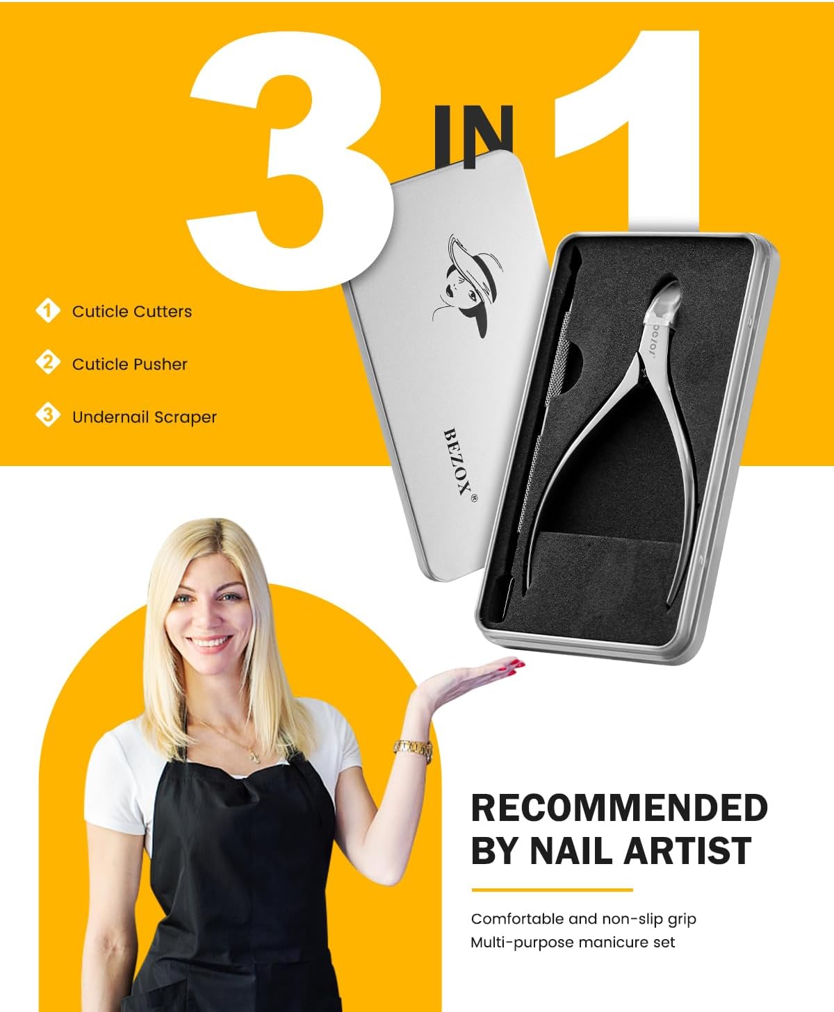 BEZOX Cuticle Trimmer with Pusher - Salon Quality Cuticle Clipper with Cuticle Pushers, Super Sharp Cuticle Cutters and Dual-End Nail Pushers Cuticle Stick, Professional Manicure Tools