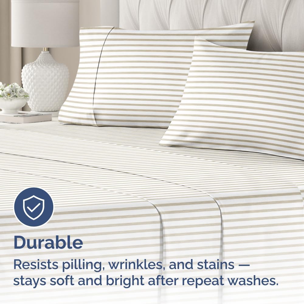 Queen Pillow Cases Set of 4 - Ultra Soft Hotel Quality Pillowcase Covers - Comfy, Cozy & Wrinkle Free - Shrinkage & Fade Resistant - Machine Washable Pillow Protectors - 4 Piece Set - Beige Stripes 2