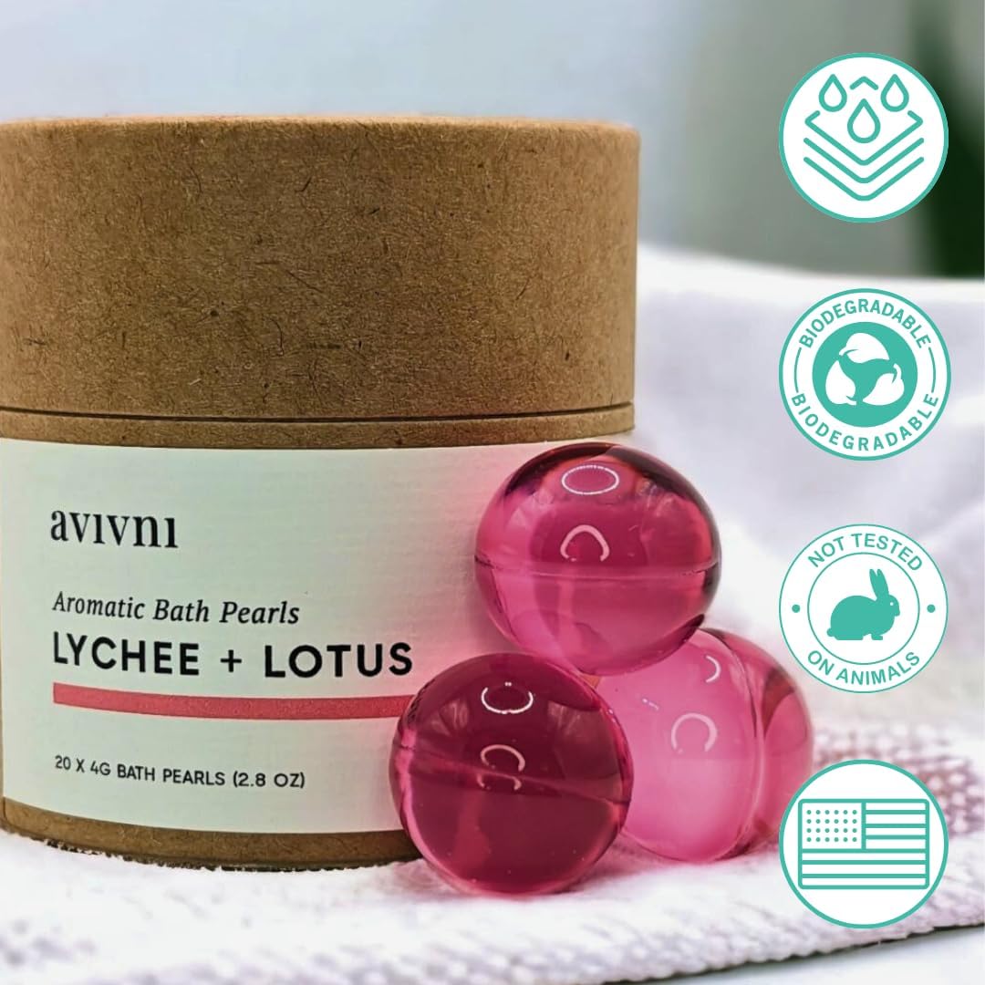 Avivni Moisturizing Bath Oil Beads (15 Pearls), Lychee Oil, Lotus Oil, Floral Scent, Biodegradable, Recyclable Container, Mother's Day Gift Idea