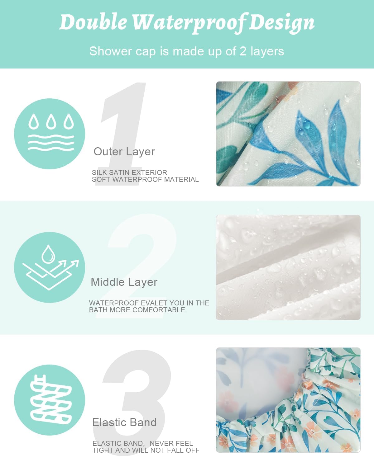 Aquior Shower Caps, Double Layer Waterproof Shower Cap for Women, Reusable Large Shower Cap for all Hair Lengths with EVA Lining, Soft Bath Shower Caps