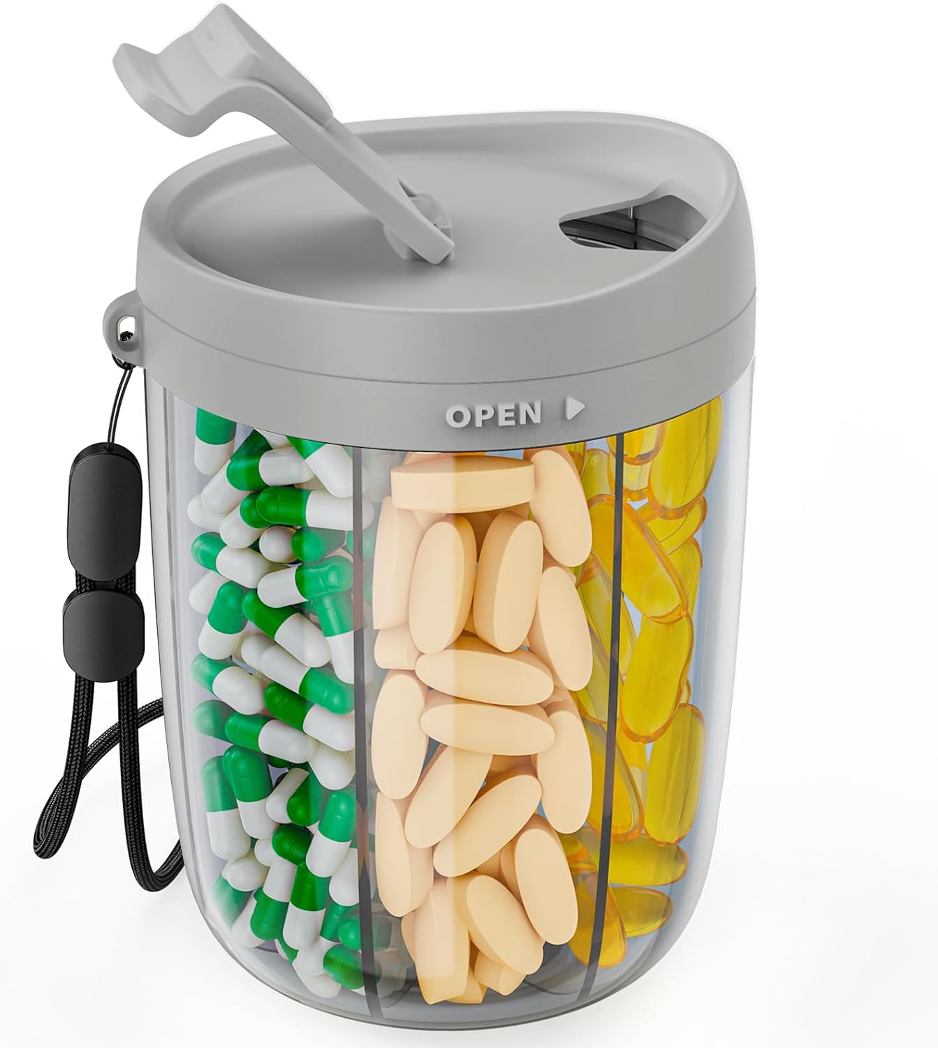 PULIV Large Supplement Organizer Bottle, Holds Plenty of 6 Various Vitamins in 1 Pill Dispenser with Anti-Mixing & Wide Openings Design, Easy to Retrieve Meds, Includes 20 Pcs Stick-on Labels Gray