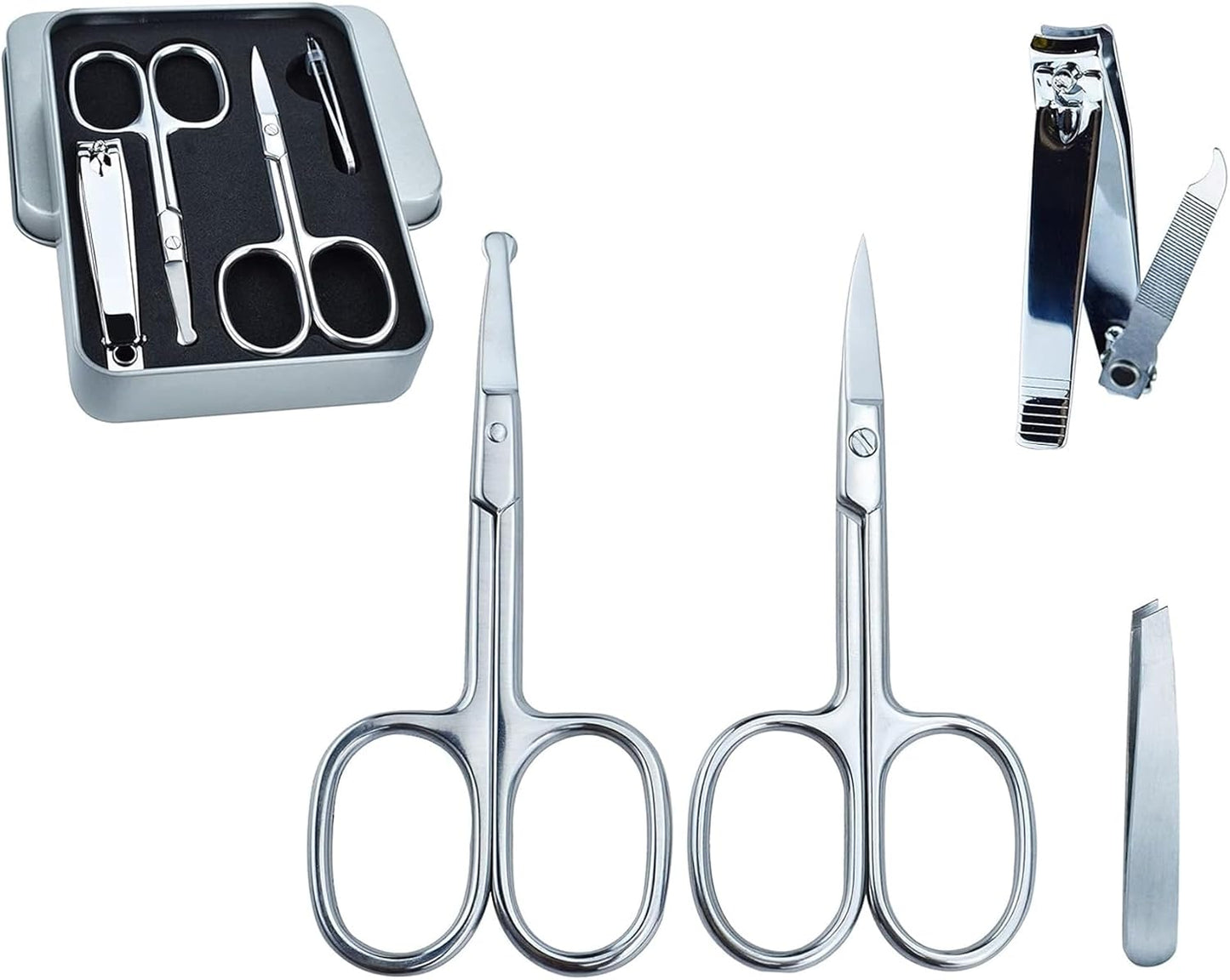5Pcs Beauty Grooming Eyebrow Scissor Men Women Facial Nose Hair Scissor Curved Round Blunt Mustache Beard Manicure Pedicure Trimmer Set Stainless Steel Slant Tweezers Nail Clipper Pet Dog Scissor Kit