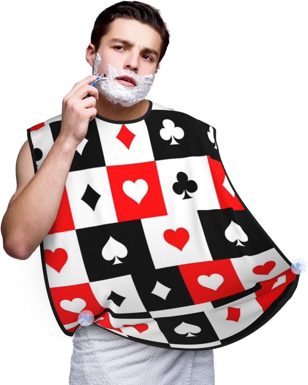Beard Grooming Cape, Waterproof Hair Catcher for Shaving Trimming, Non-Stick Bib Apron Gifts for Dad Men, Checkered Suits Hearts Diamonds Clubs Spades Poker Playing Cards Shave Bib